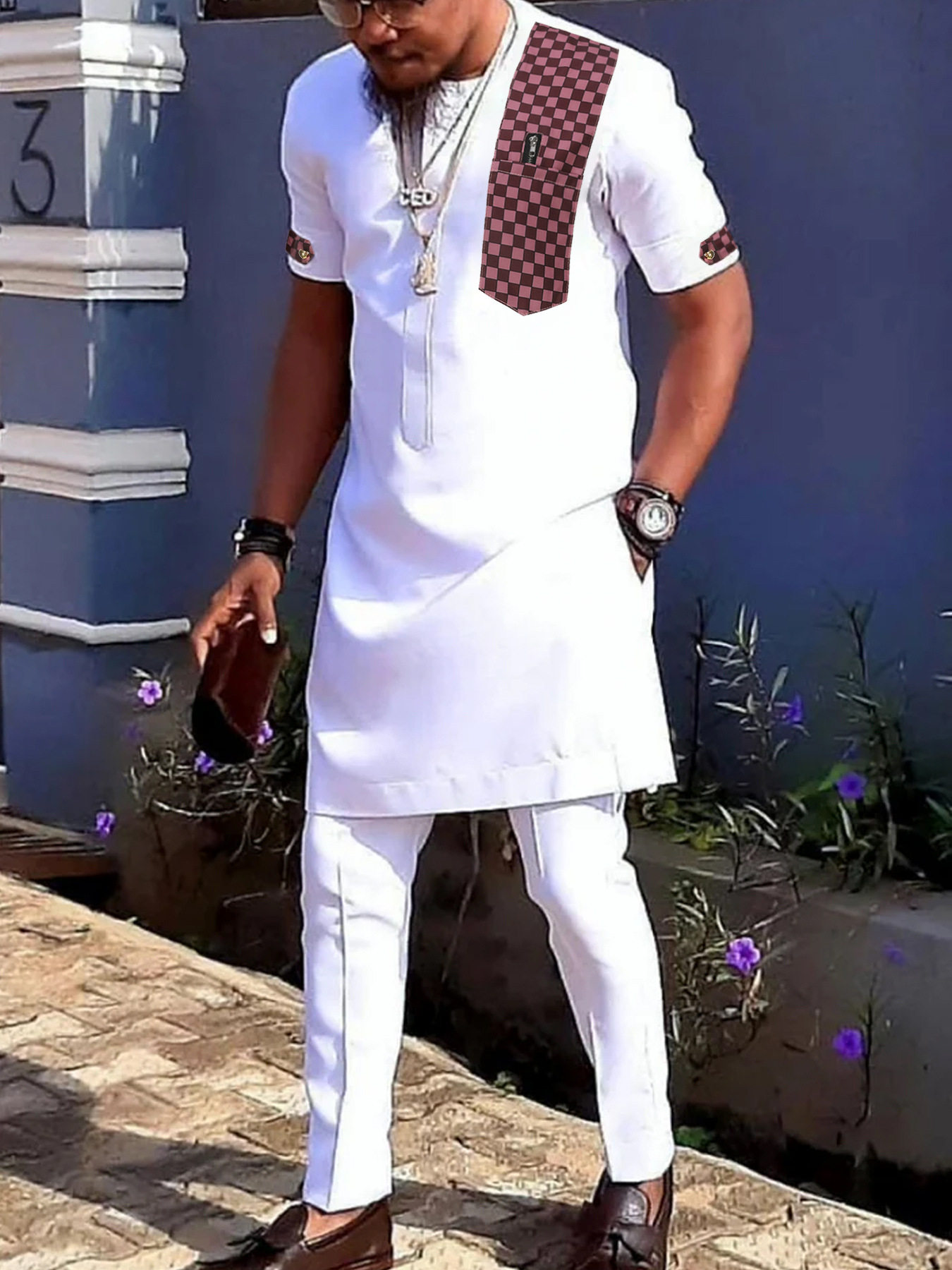 2023非洲民族风男士休闲套装2件套长袖纯色拼接衬衫和裤子套装