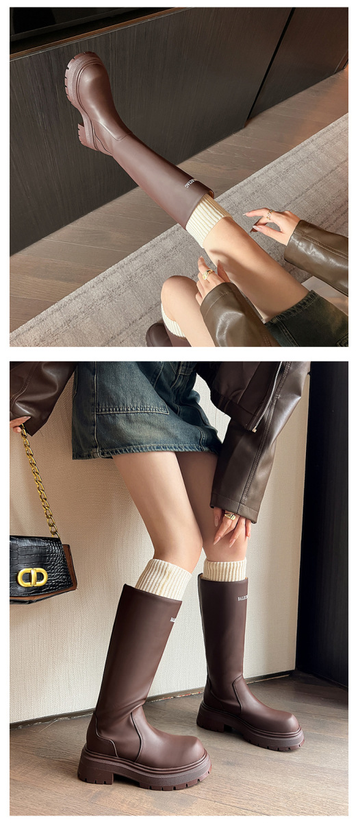 Boot nữ cổ cao ôm bắp chân da bò gót thô 6cm — Kaki nhạt lót nhung, Kaki nhạt lót nhung ống lớn, Kaki nhạt một lớp lót trong, Màu đen lót một lớp