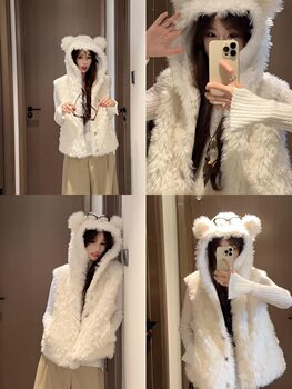 O7S2025 Autumn and Winter New Lamb Wool Vest Women's Bear Hooded Vest Small Sweet and Cute Jacket