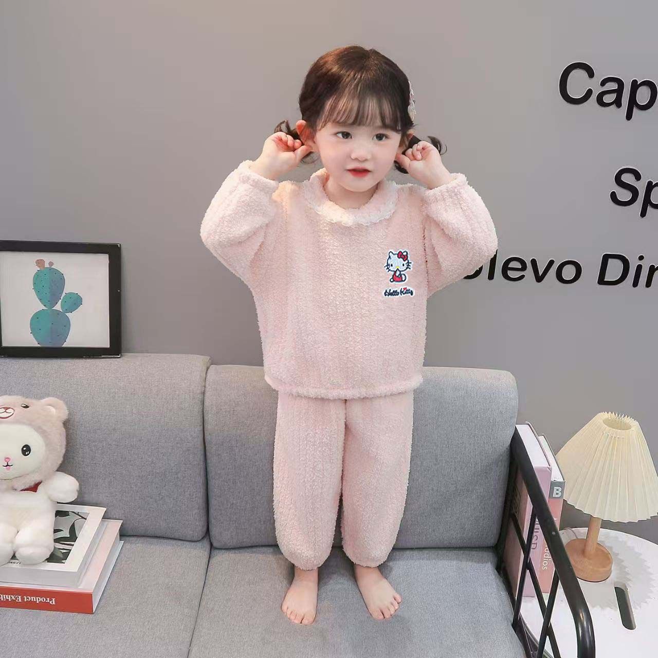 Set pigiama volant pizzo mezza pile bambine nuova inverno e autunno, pile corallo loungewear bambini