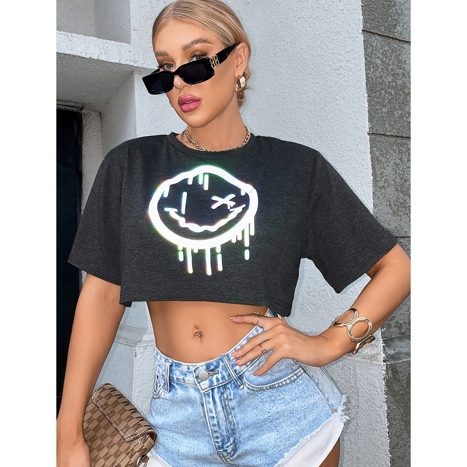 Reflective Short Sleeve T Shirt Trendy Smile Print Versatile Spring Summer Style Wholesale Available