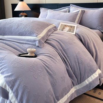 Light Luxury Winter Type a Carved Milk Velvet Bed Four-Piece Set Thickeneded Warm Coral Velvet Bed Bed Sheets Quilt Cover Three-Piece Set