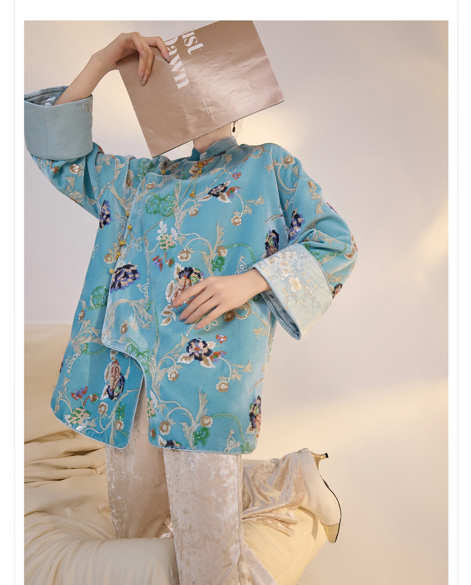 Áo sơ mi nữ dài tay cổ đứng thêu hoa đính sequin chất liệu satin mềm — Tianshuiqing (phát hành cùng ngày), Tianshuiqing (tóc 7 ngày)