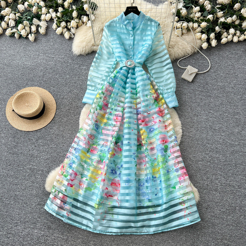 French Style Printed Long Sleeve A Line Dress for Women Waist Defining Elegant Summer Fashion Wholesale Available