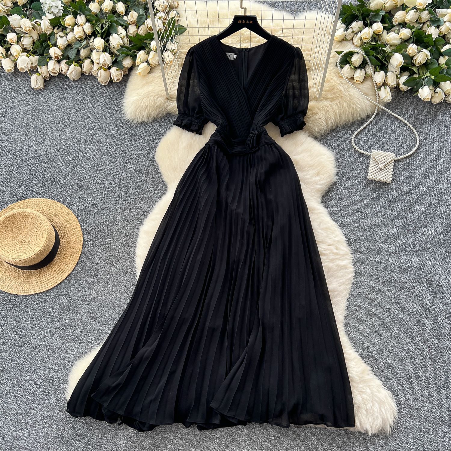 French Elegant V Neck Puff Sleeve Floral Waist Defined Pleated Maxi Dress for Women Summer Slim Fit Wholesale Available