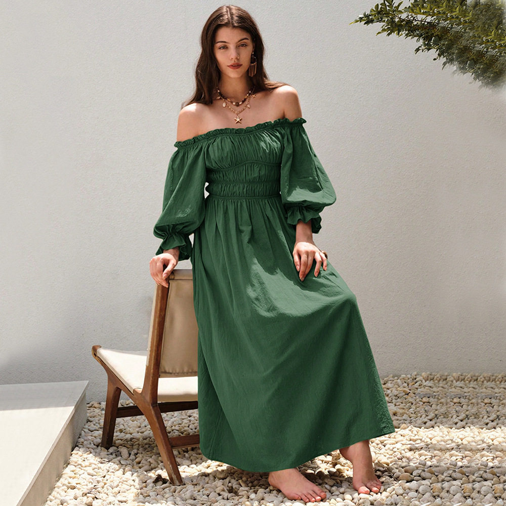 Vintage One Shoulder Lantern Sleeve Maxi Dress Elegant Design Flowy Silhouette Comfortable Fabric Perfect for Parties
