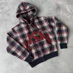 2025 Cross-Border American Retro Fashion Plaid Patch Embroidered Hooded Sweatshirt Men's Street Loose Casual Zipper Cardigan