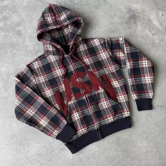2025 Cross-Border American Retro Fashion Plaid Patch Embroidered Hooded Sweatshirt Men's Street Loose Casual Zipper Cardigan