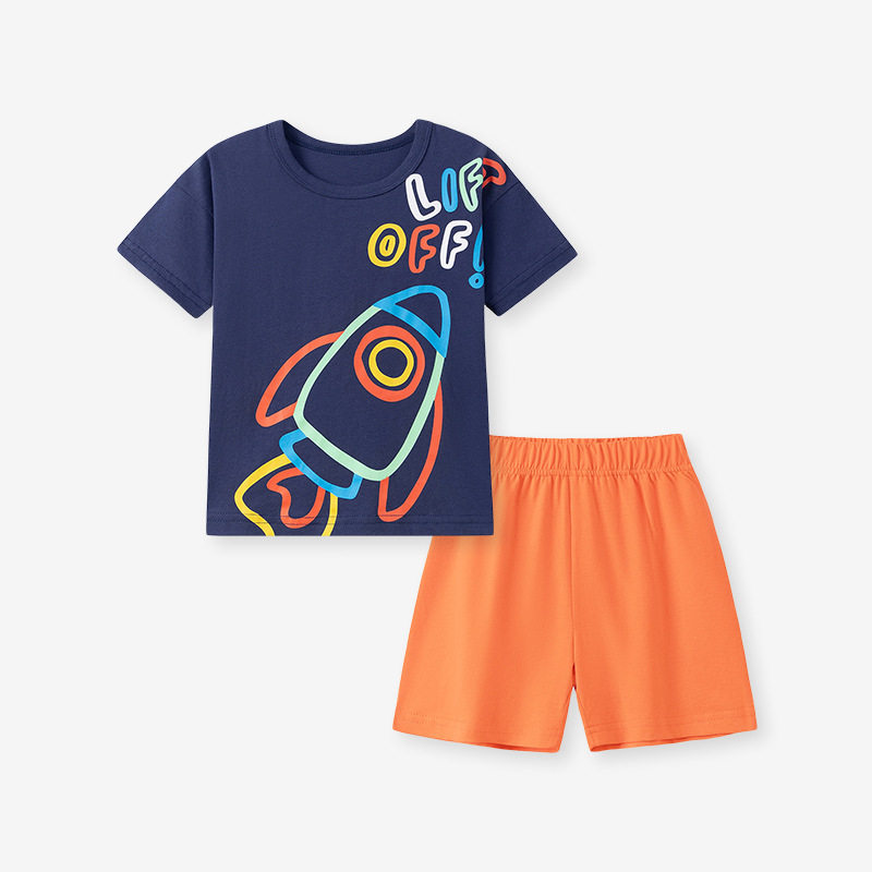 Children's Clothing Dropshipping & Distribution, Summer Short-sleeve Boys' Set, Cartoon Rocket Kids' Set Wholesale