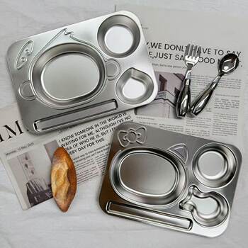 304 Stainless Steel Dinner Plate Kindergarten Kidsren's Dinner Plate Canteen Restaurant Dinner Plate Compartment Cartoon Small Plate Bowl Cross-Border