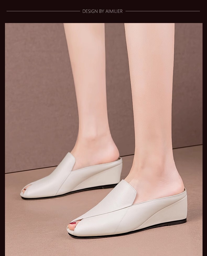 Dép sandal nữ mũi hở gót nêm 5cm phong cách tối giản, quai ngang dễ mang hằng ngày — Màu đen, Màu trắng be