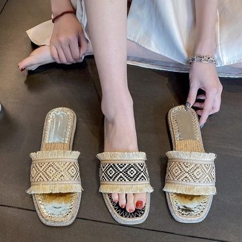 2024 Summer Seaside Beach Woven Hemp Rope Slippers Casual Flat Sandals Women's Outer Wear Shoes