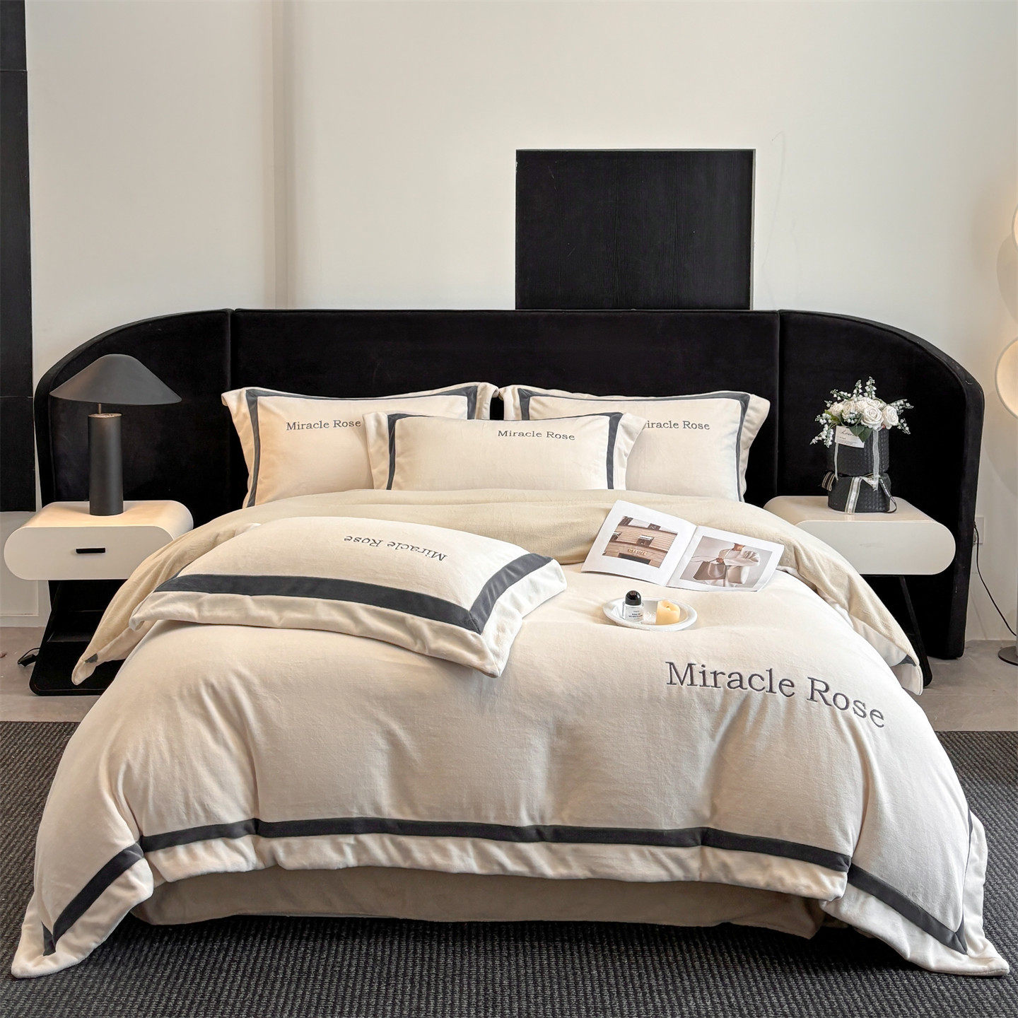 Light luxury style embroidered milk velvet bed four-piece set Winter thickened coral velvet flannel bed sheet quilt cover three-piece set