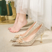 Crystal wedding shoes for women 2023 New Golden Xiuhe main wedding dress two-way bridesmaid high heels bridal shoes not tired fe