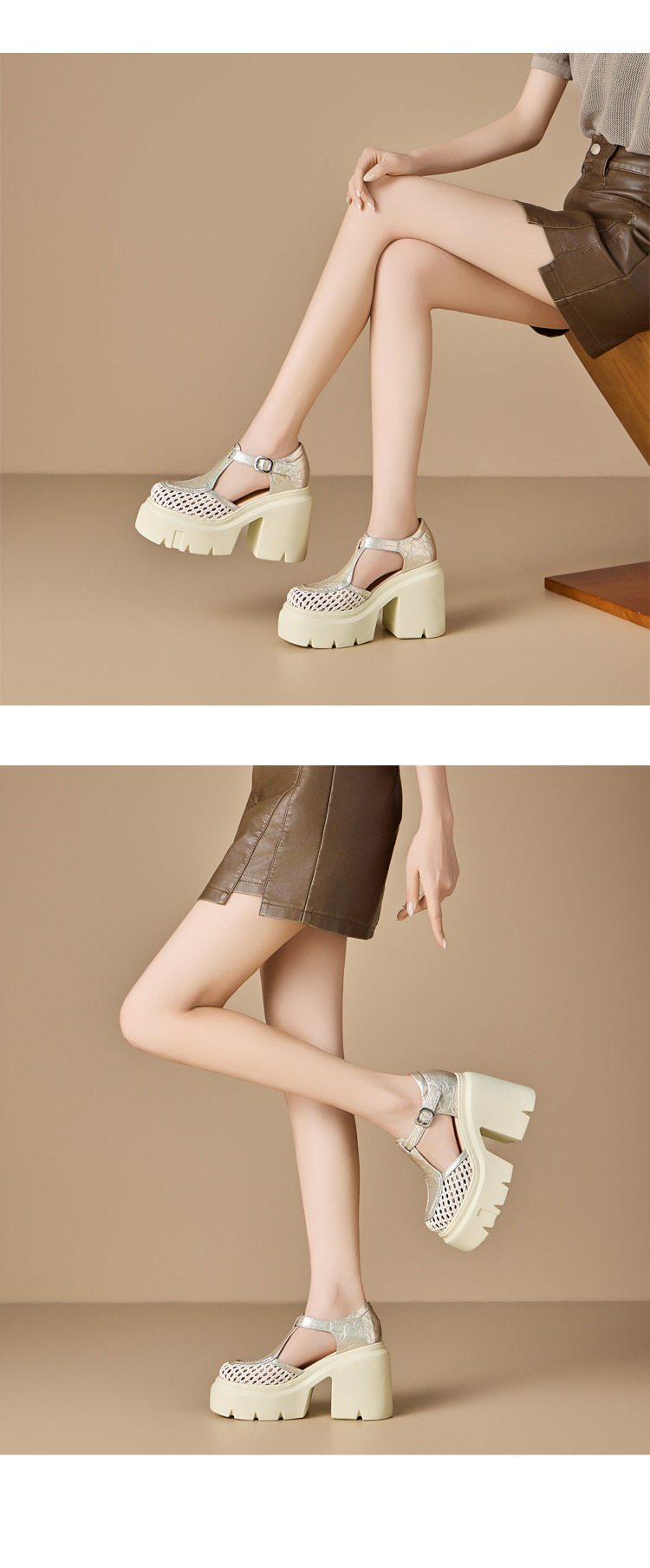 Sandal cao gót nữ quai ngang mũi kín đan lát gót vuông 12 cm phong cách Mary Jane — [Trắng kem], [Đen], [Vàng nhạt] chi tiết 4