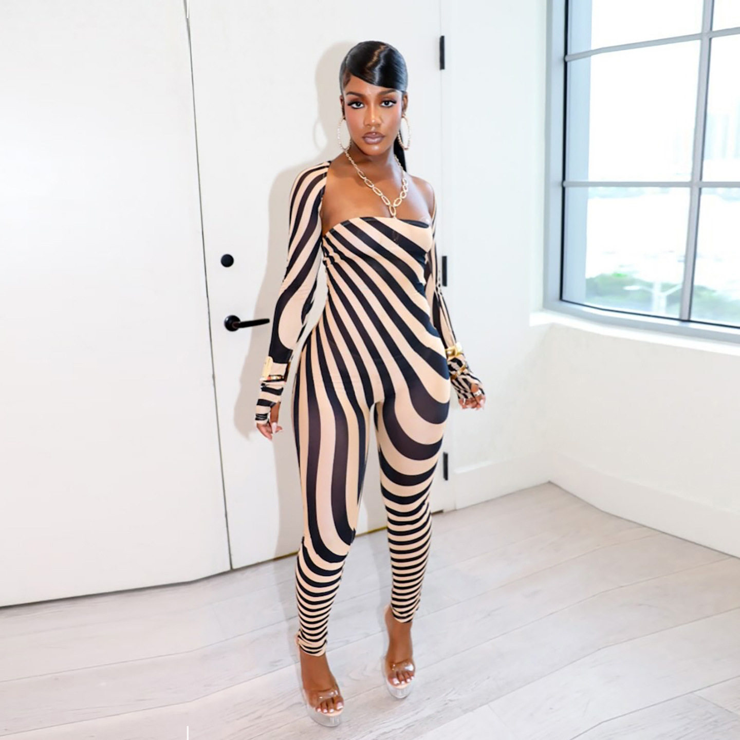 Womens Striped Bodysuit Jumpsuit Set Sexy Strapless Long Sleeve Fitted Design Autumn Fashion for Parties Wholesale
