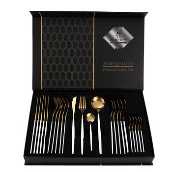 Stainless steel tableware Portugal 24-piece knife and fork spoon gold-plated paint gift box set spot wholesale cross-border supply