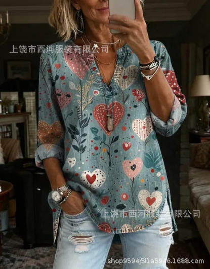 新款跨境独立站2026春季女装花卉印花V领休闲女装衬衫上衣复古