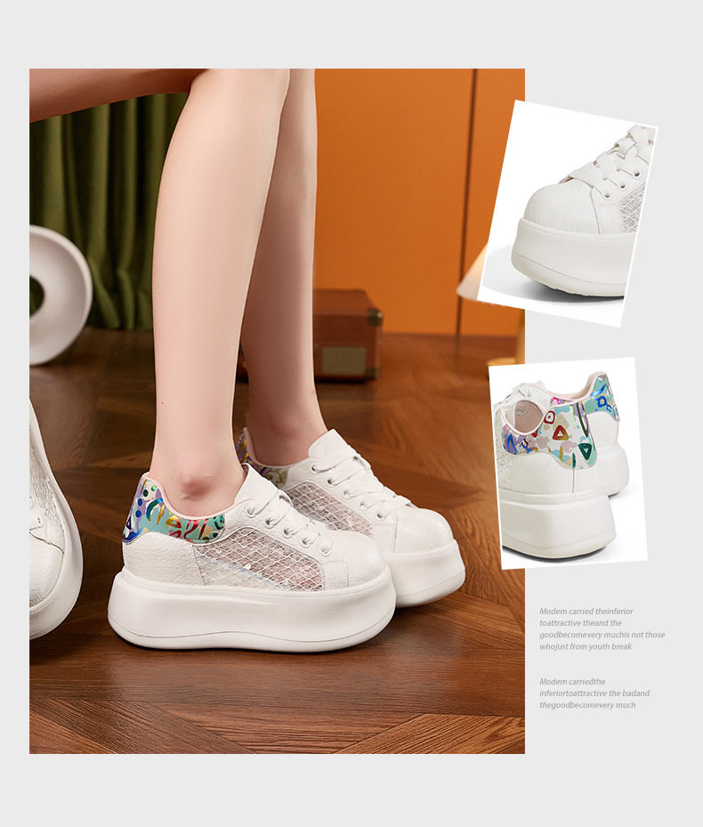 Giày sneaker nữ chunky đế dày màu trắng, phối dây buộc, form thể thao — Hũ trắng vàng, Bột trắng chi tiết 3