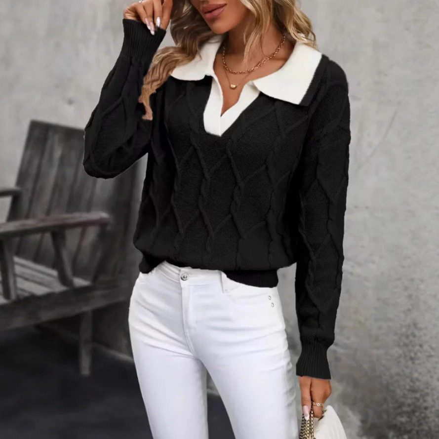 Elegant Womens Color Block Knit Sweater Long Sleeve Lapel Collar Autumn Winter Style Wholesale Available