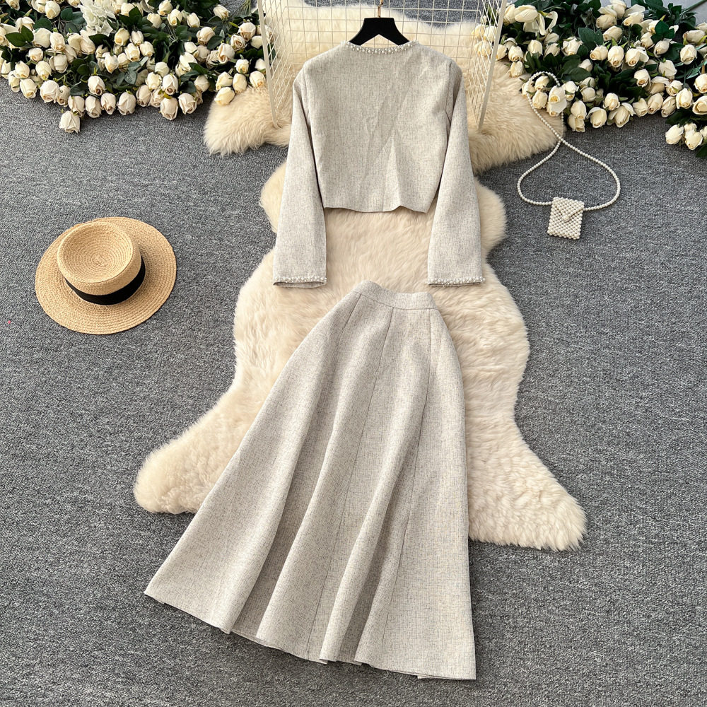 Chic Two Piece Set for Women Elegant Cardigan with Metal Button High Waist Skirt Autumn Office Wear Wholesale