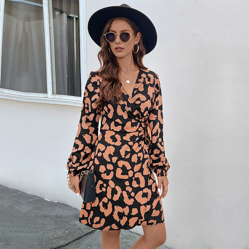 Animal Print V Neck Mini Dress Womens Autumn Fashion Trendy Short Sleeve Wholesale Available OEM ODM service