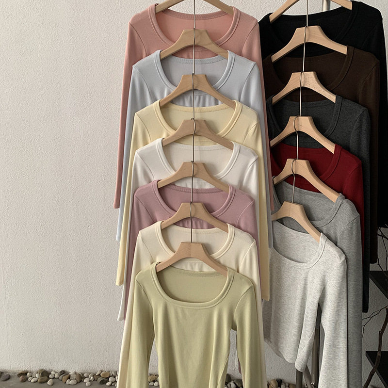 欧玛莱 方领露锁骨纯色螺纹棉修身显瘦长袖短款T恤上衣女6210,淘宝优惠券,粉丝福利购,淘宝优惠卷