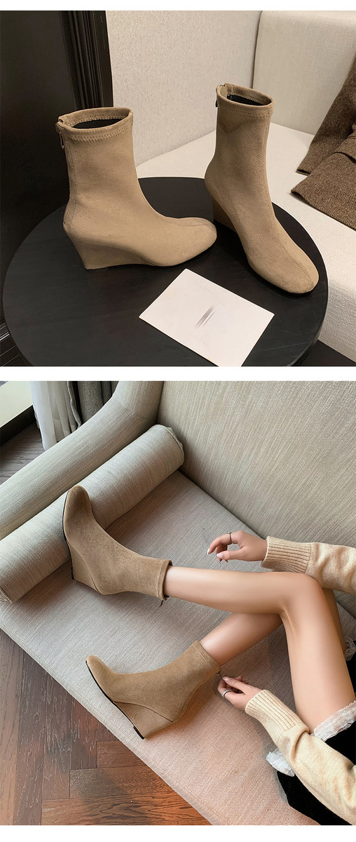 Boot nữ cổ thấp ôm chân gót xuồng 8cm khóa kéo sau — Lớp lót đơn màu đen, Lớp lót đơn màu kaki, Lót nhung đen, Lót nhung màu kaki