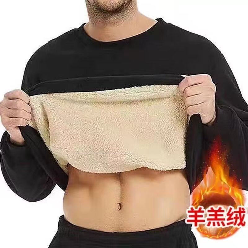 秋冬季加绒加厚卫衣男士羊羔绒圆领黑色卫衣宽松保暖内衣男装上衣