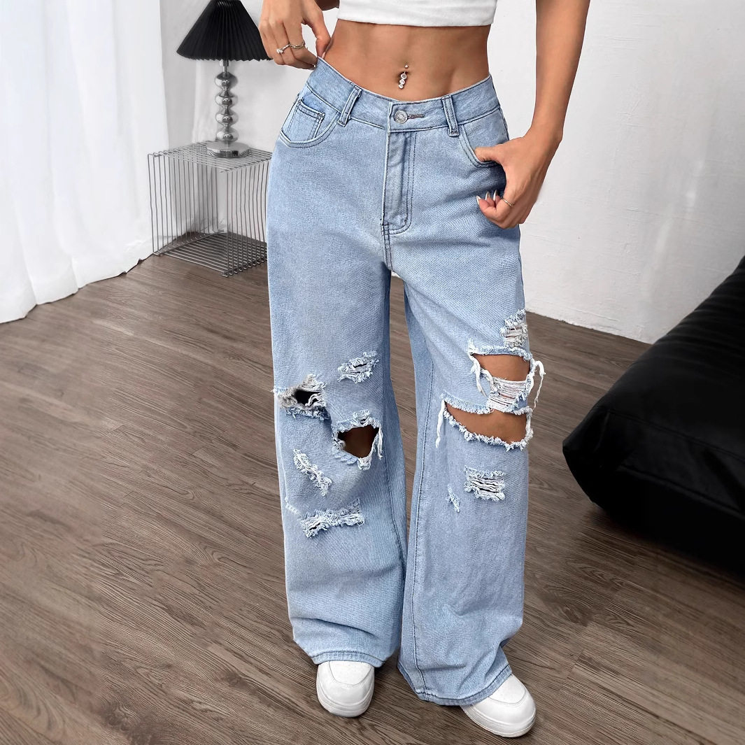 Loose Fit Butterfly Embroidered Ripped Denim Pants Womens Casual Style Perfect for Everyday Wear Ready to Ship