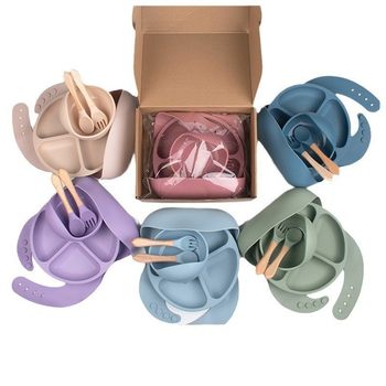 Cross-border Hot-selling Children's Supplementary Silicone Dinner Plate Bowl Fork Spoon Bib Five Pieces Tableware suit Drop-resistant Dinner Plate Suction Plate