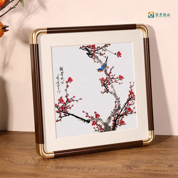 New Chinese-Style Rounded Corner Picture Frame, Imitation Copper Corner Photo Frame, Wall-Mounted, Solid Wood Texture, Customizable in Any Size, Calligraphy and Painting Framing, Handmade