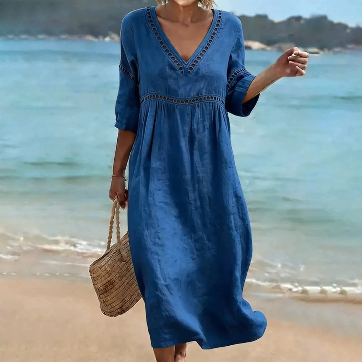 Summer Casual V Neck Dress Loose Fit Solid Color Vacation Style Wholesale Available low MOQ customizable