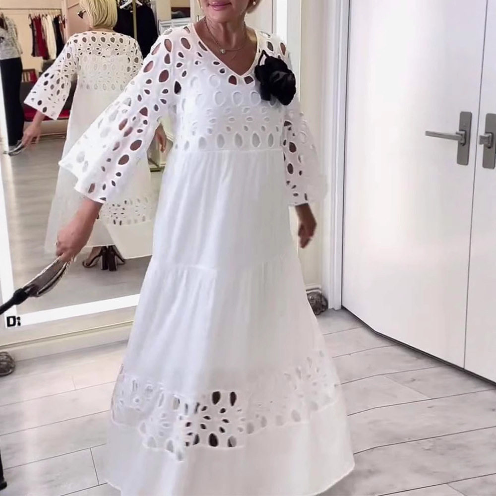 Elegant Lace Hollow Out Maxi Dress Loose Fit V Neck Fashionable Style Perfect for Summer Events Wholesale Available