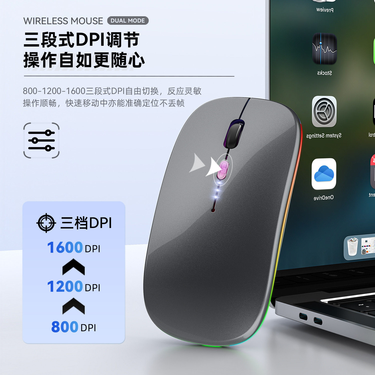 Bluetooth Dual-Mode Wireless Display Ultra-Thin Mouse Silent Charging Computer Laptop Mobile Phone Electric Display Luminous Wireless Mouse