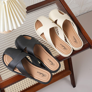 Trendy 2024 Flat Soft-Soled Summer Cross-Woven Half-Slip Hollow Closed-Toe Lazy Retro Outdoor Slippers