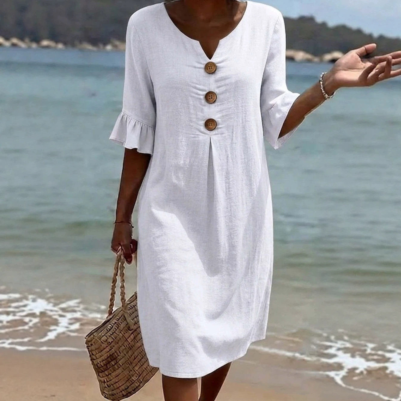 Womens V Neck Ruffle Sleeve Dress Comfortable Elegant Design Summer Casual Wear Wholesale Available