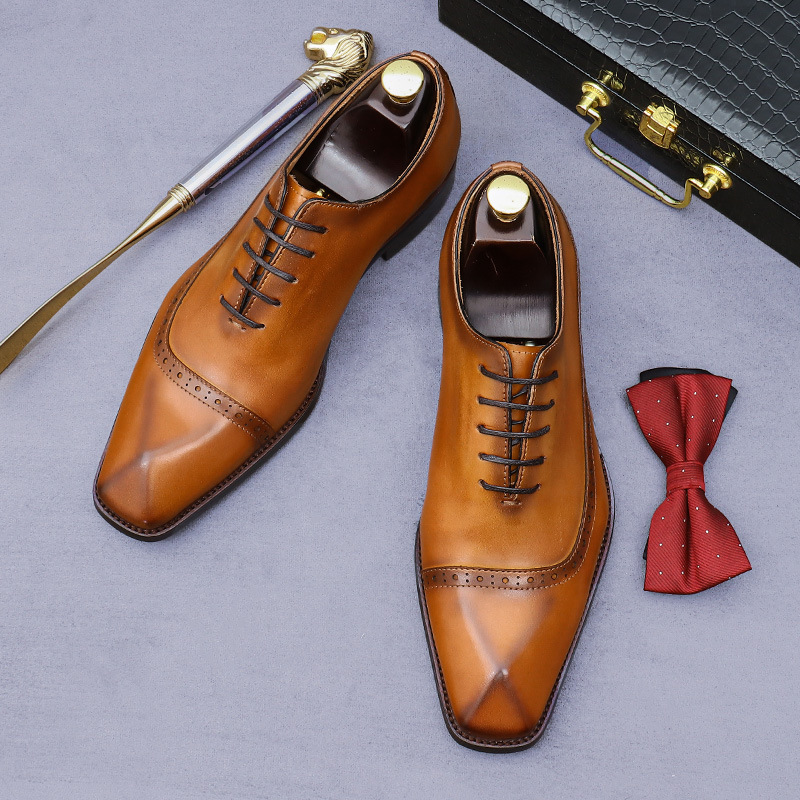 Giày Oxford nam da bò thật buộc dây mũi nhọn chạm khắc — Màu nâu vàng, Màu đen, Màu xám
