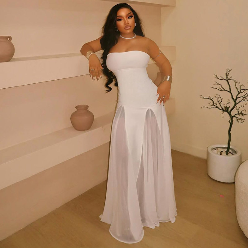 A Line Strapless Dress Sheer Design Waist Defining Slim Fit Casual or Party Wear Wholesale Available