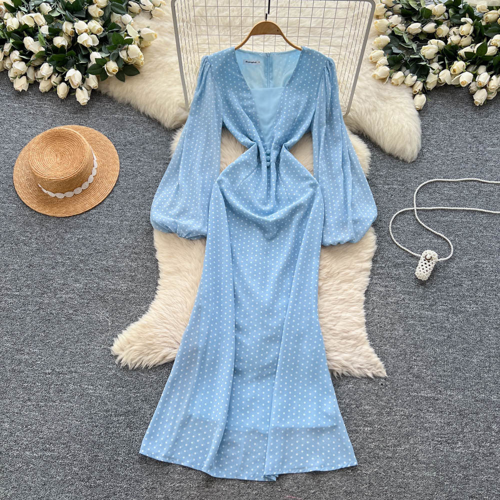 Elegant V Neck Floral Print Dress Lantern Sleeves Slim Fit Long Mermaid Style Perfect for Formal Occasions