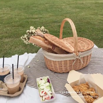 Picnic Basket Rattan Spring Outing Camping Tools Picnic Supplies Internet Celebrity Fruit Basket Outdoor Hand Basket Flower Basket Weaving