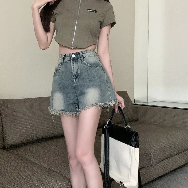 High Waisted Denim Shorts for Women Loose Fit Frayed Hem Slimming Design Summer Casual Wear Wholesale Available