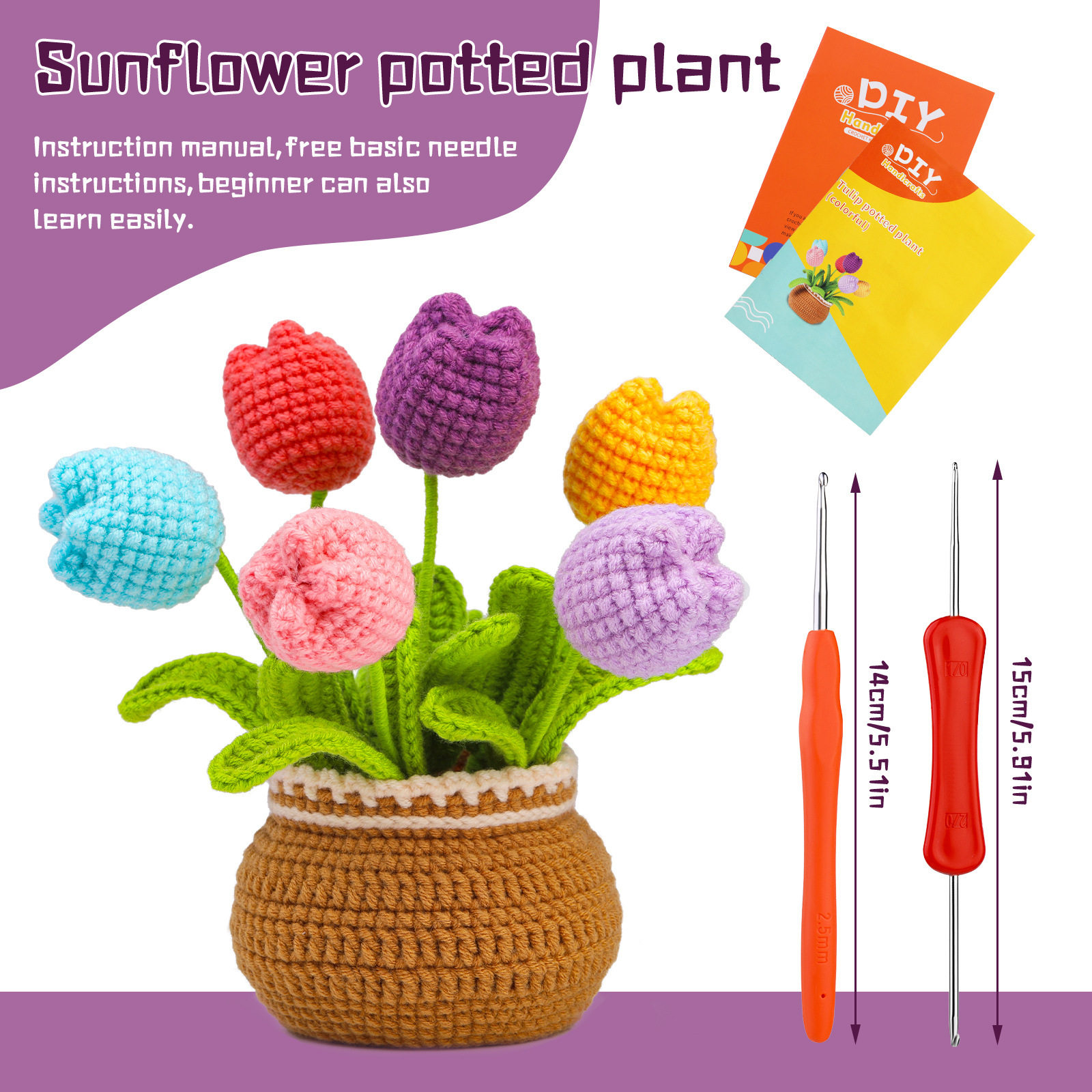 Amazon's Same Handmade Crochet Wool Knitting Bouquet Tulip Sunflower Large Potted Plant Decoration Material Package