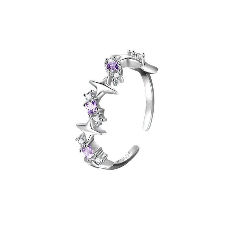 Dream Starry Sky Purple Diamond Love Ring Women's Niche Ins Trendy Light Luxury Four Mans Star Index Finger Ring Sweet Cool Foods Ring