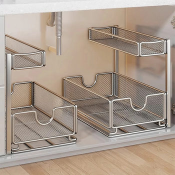 Pull-Out Multi-Layer Basket Storage Rack under the Kitchen Sink, Multi-Functional Cabinet Layered Storage Basket Artifact
