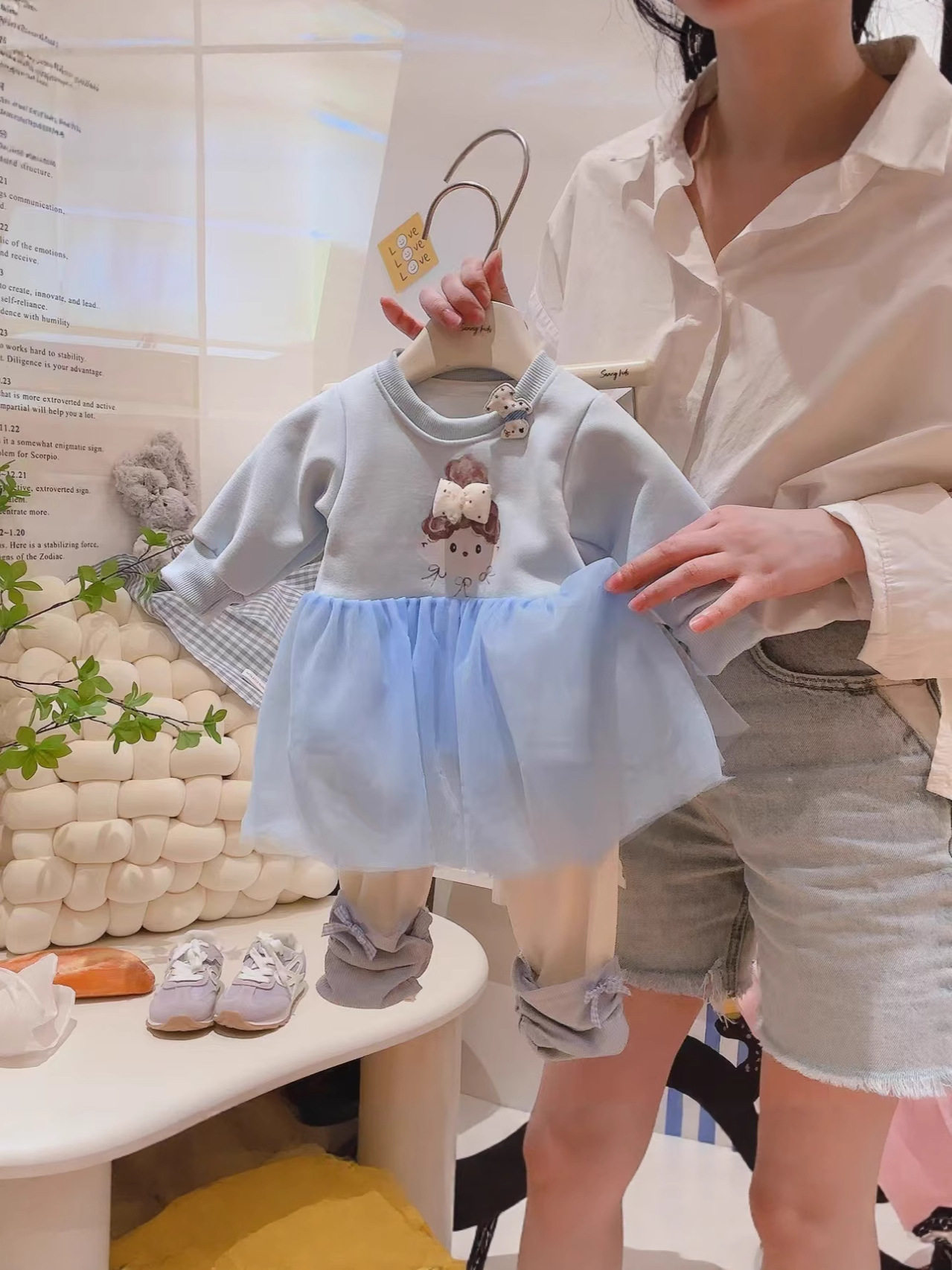 Girls' Cartoon Set, New Autumn Baby Mesh Patchwork Hoodie & Stacked Leggings Two-Piece Outfit