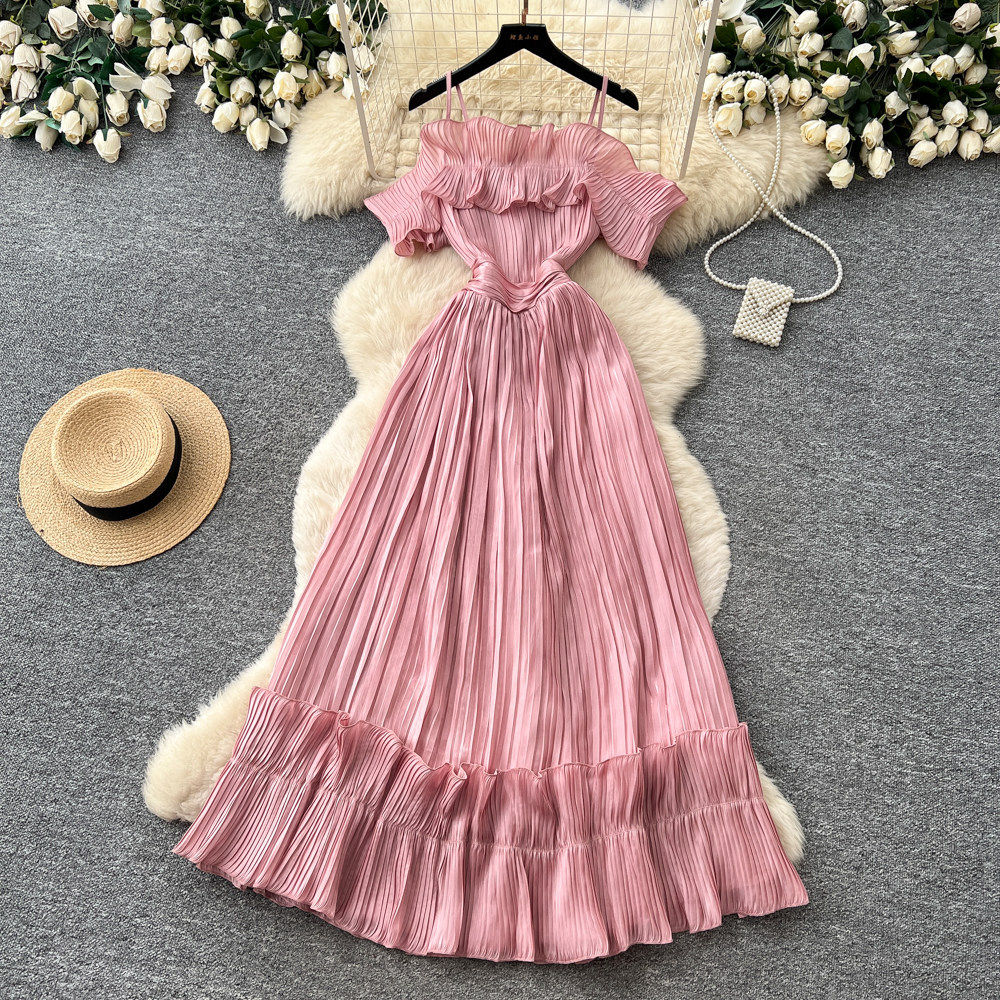 Off Shoulder Summer Dress French Style Sweetheart Neckline Waist Defined Flowy Maxi Ideal for Vacations and Special