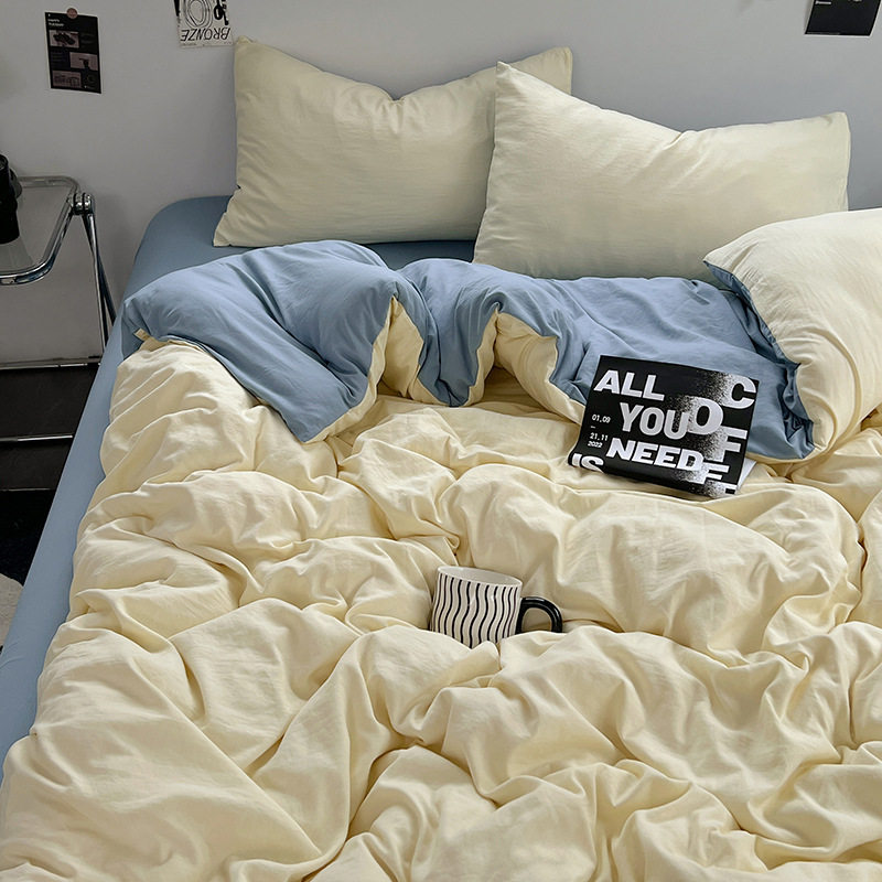 Ns Pure Color Double Wash Cotton Bed Four-Piece Set, Skin-Friendly and Naked Sleeping Bed Bed Sheets Quilt Cover Student Three-Piece Set