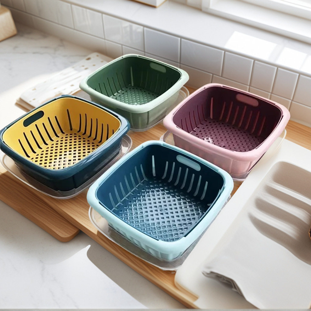 Double-Layer Vegetable Washing Basin with Plastic Draining Basket, Colander for Washing Rice, Vegetable Basket, Fruit Washing Tray, Practical Water-Draining Basin