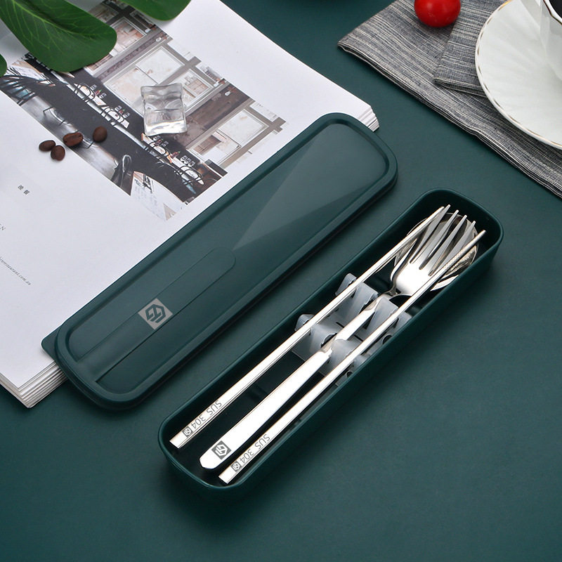 304 Stainless Steel Portable Tableware Fork Spoon Chopsticks suit Korean-style Three-piece Outdoor Gift Student suit